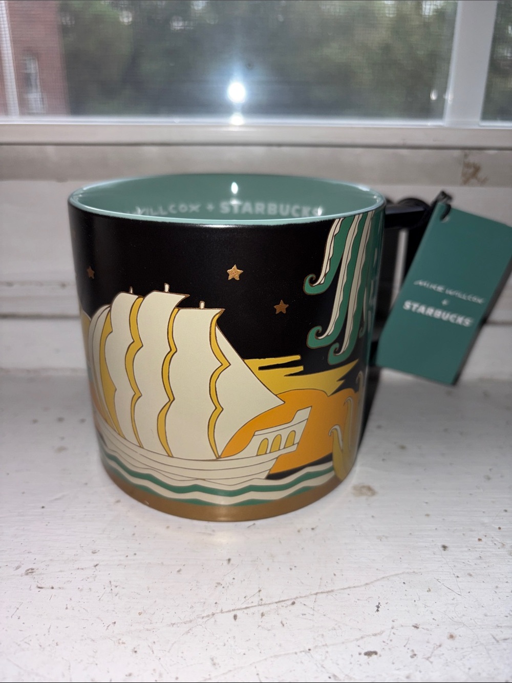 14oz Starbucks Black & Teal Nautical Ship Ceramic Mug
